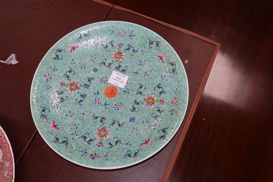 Two Chinese turquoise and pink ground dishes